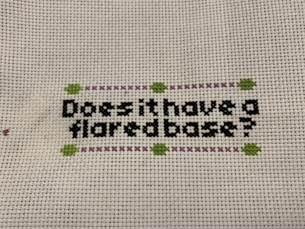 "Does it have a flared base?" text with upper & lower border of limes and dots